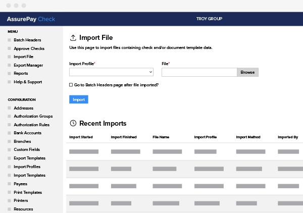 AssurePayGraphic interface showing batch details