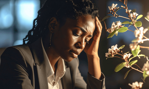 Disappointed banking customer with near a plant  copy