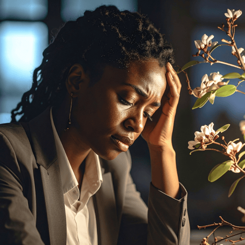 Distressed woman with flower