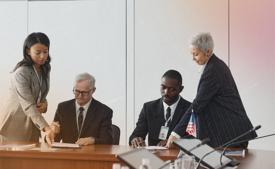 Government workers examining documents