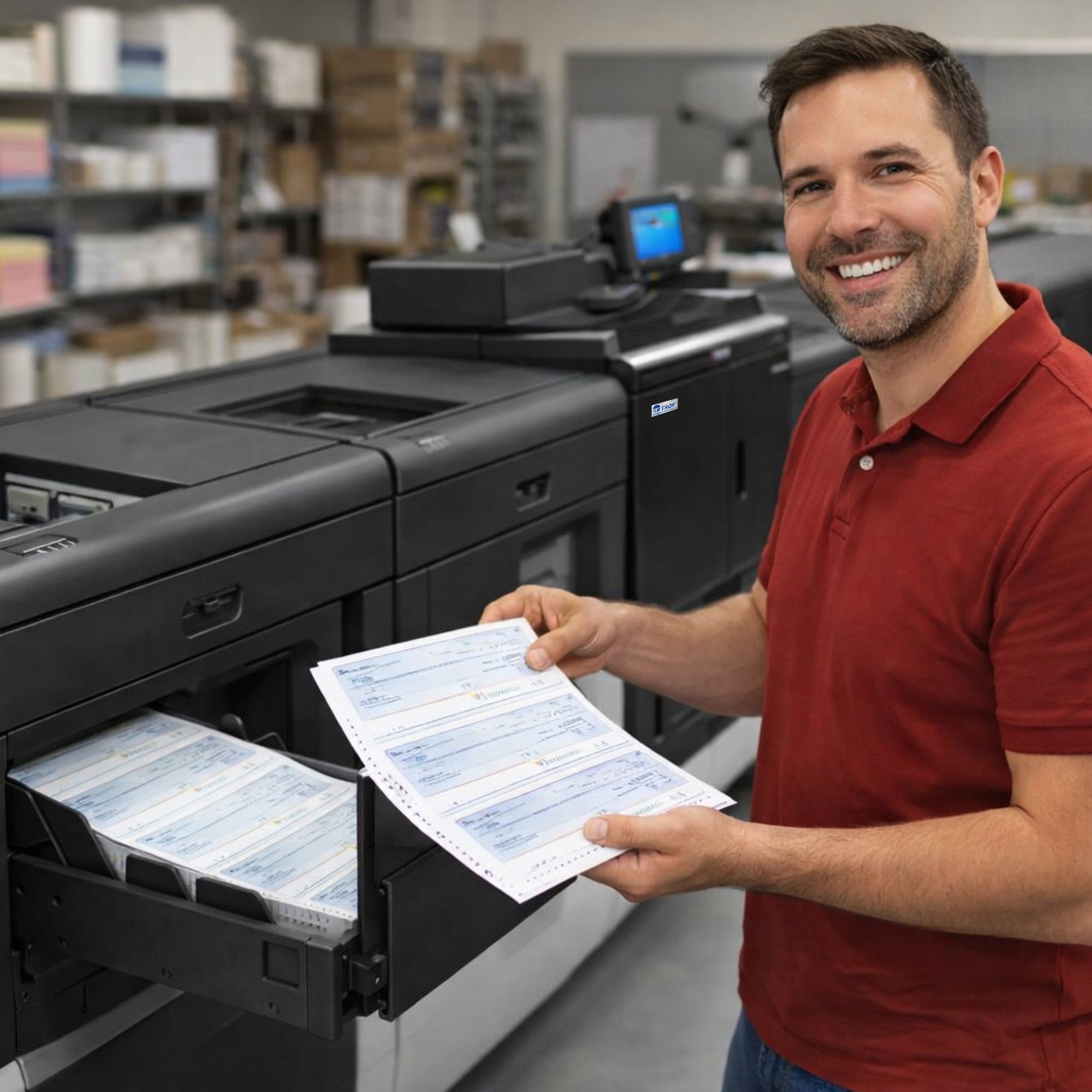 Man printing checks with TROY TaskALFA Pro 15000 Production MICR printer