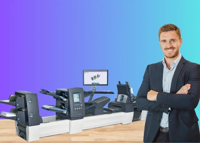 Man with Relay 8000 folder inserter machine