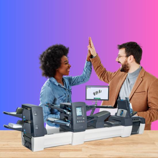 People High fiving behind a folder inserter machine