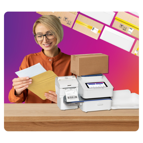 Pitney Bowes postage meter woman with pink background  (1)