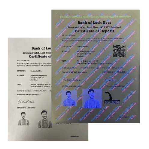 Two documents with one showing no security features and the other showing UV document security features