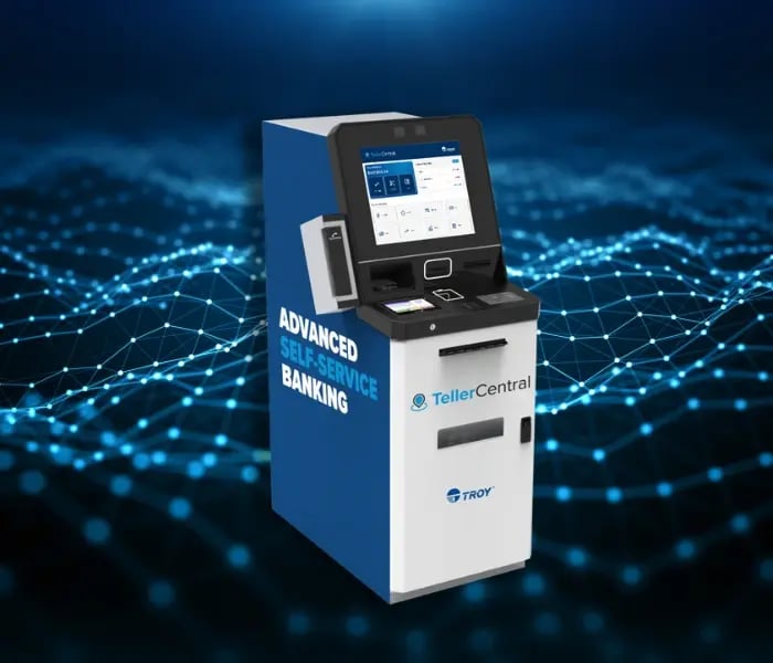 TellerCentral self-service machine in front of blue tech waves