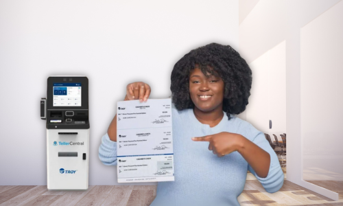 Woman using self-service kiosk to print cashier's check