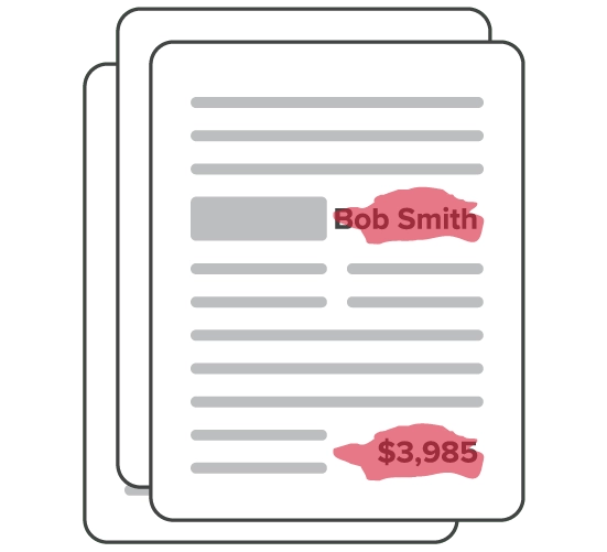 Stacked documents with red highlights illustrating fraud resistance
