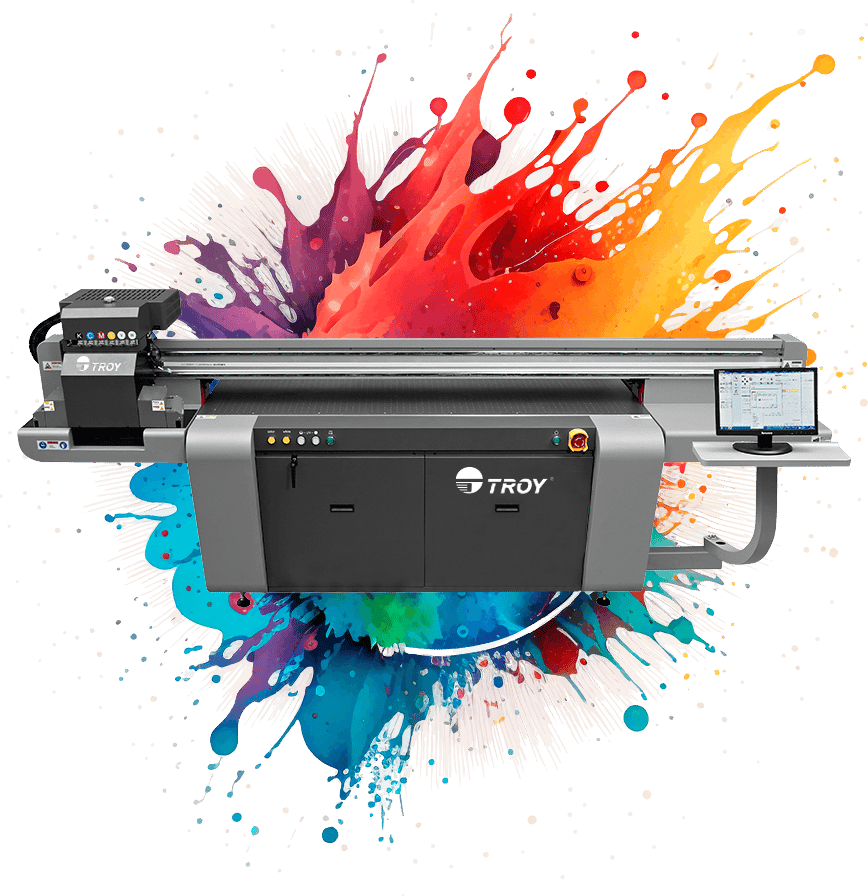 TROY UV flatbed printer with ink splatter background