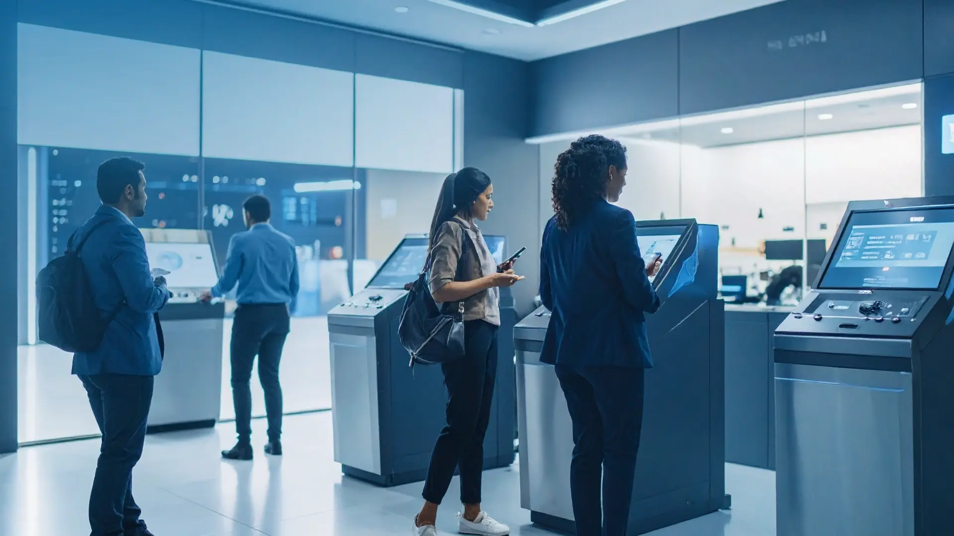 Futuristic self-service kiosk bank branch