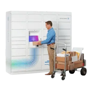 Delivery man dropping off package at smart parcel locker