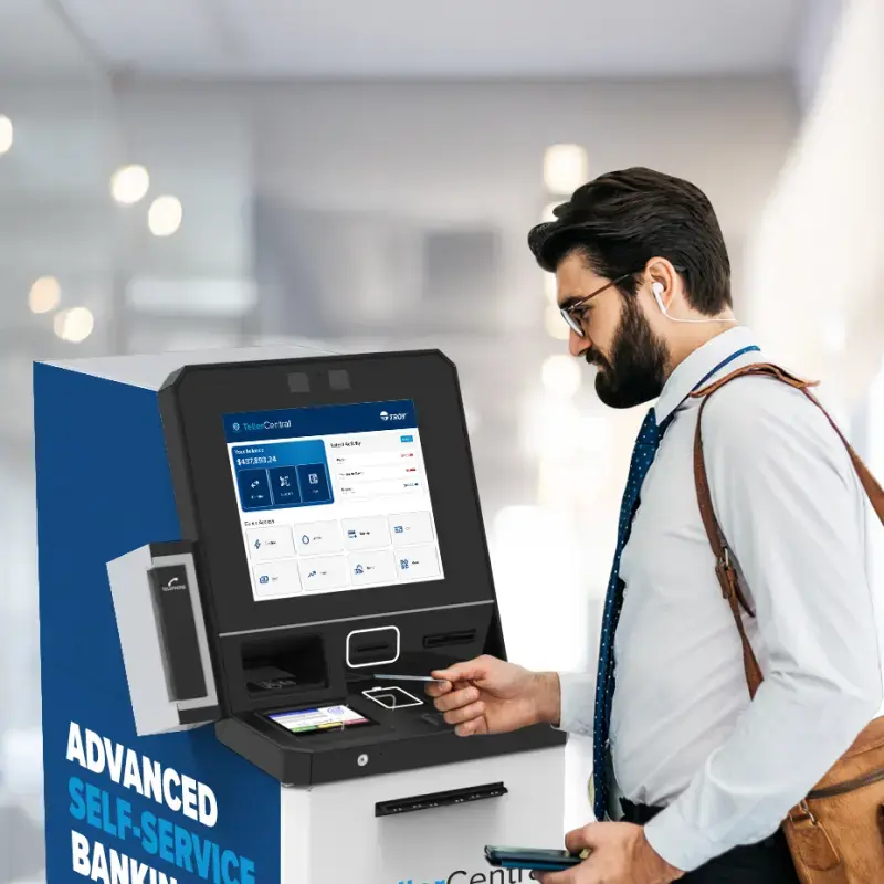 Man using TellerCentral self-service kiosk to print a bank card